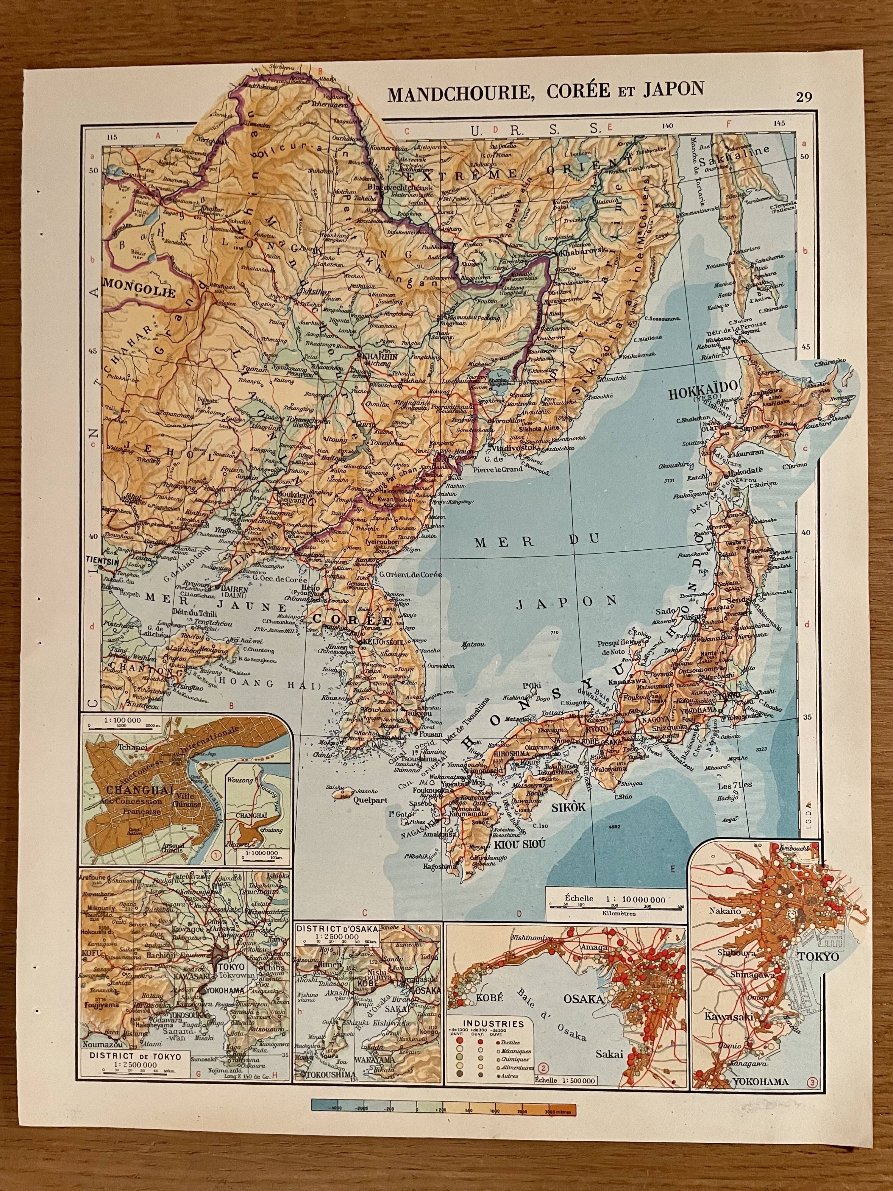 Old map of Korea, Japan and Manchuria from 1945