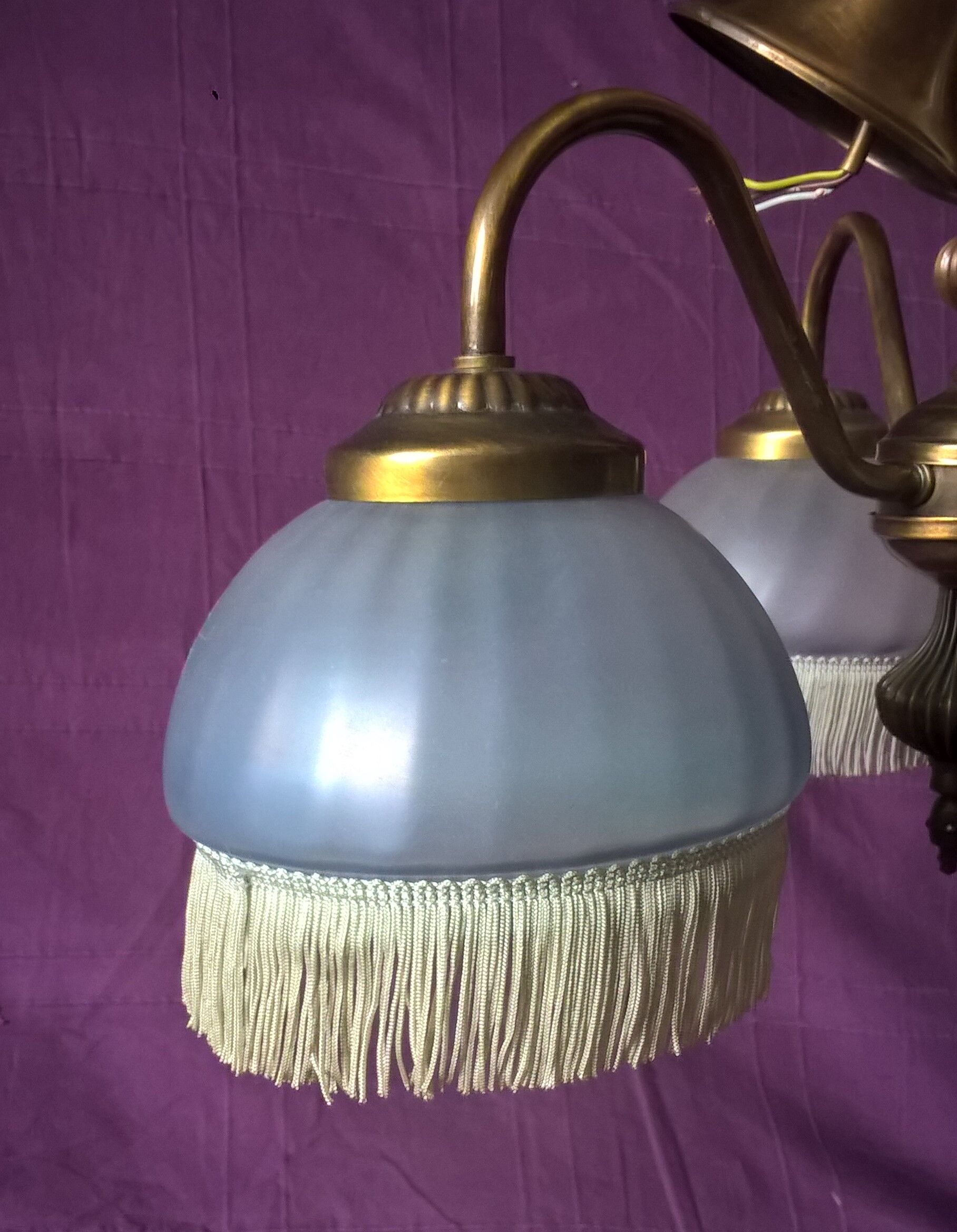 Vintage chandelier art-deco gold metal bronze three half-globes frosted glass and fabric stamps