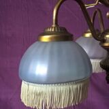Vintage chandelier art-deco gold metal bronze three half-globes frosted glass and fabric stamps