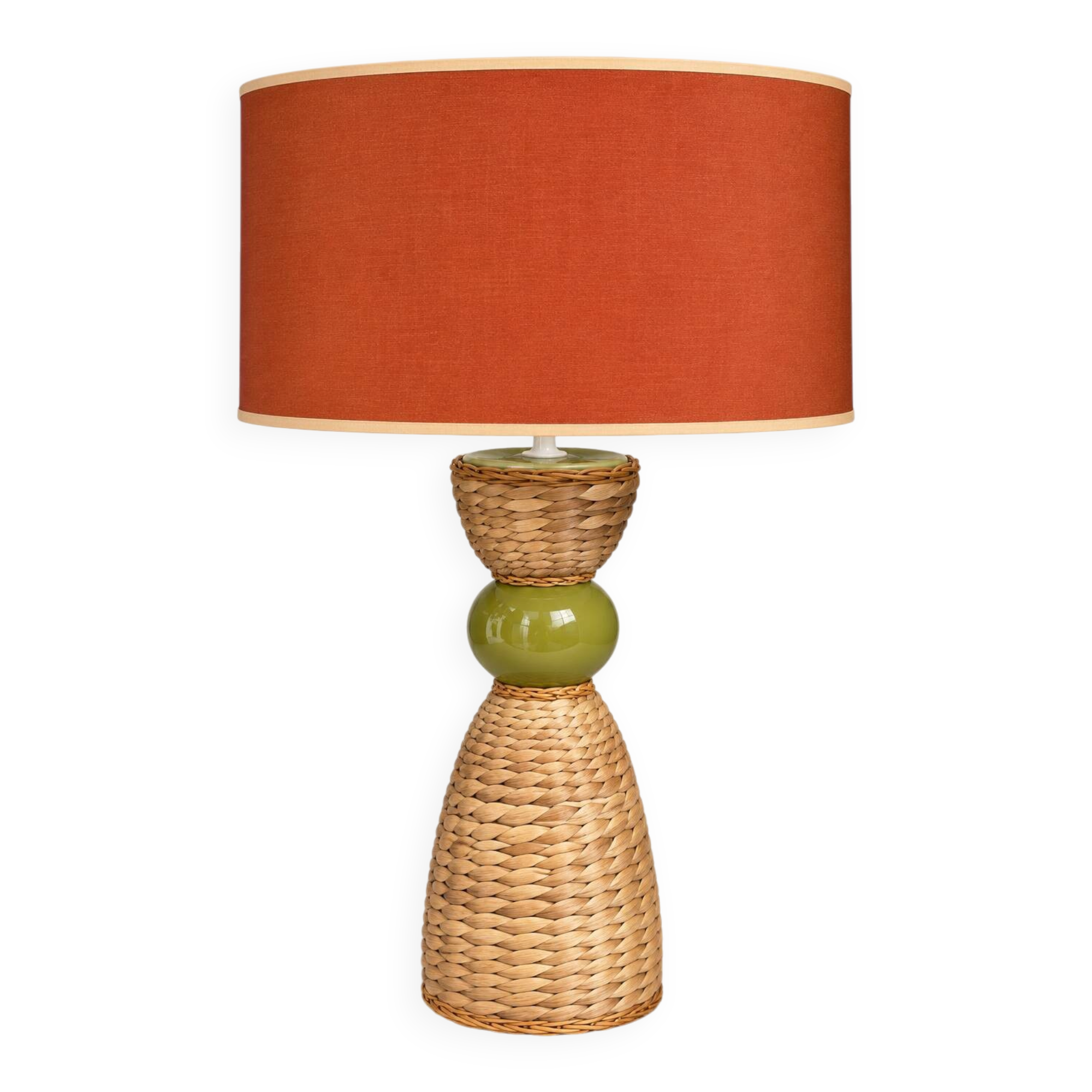 Large vintage sculptural lamp from the 60s/70s – olive green ceramic & very fine fibres.