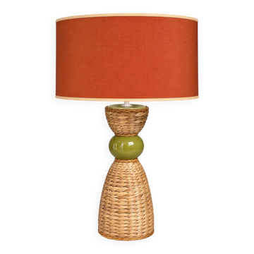 Grande lampe sculpturale vintage 60/70 – céramique vert olive & fibres tres