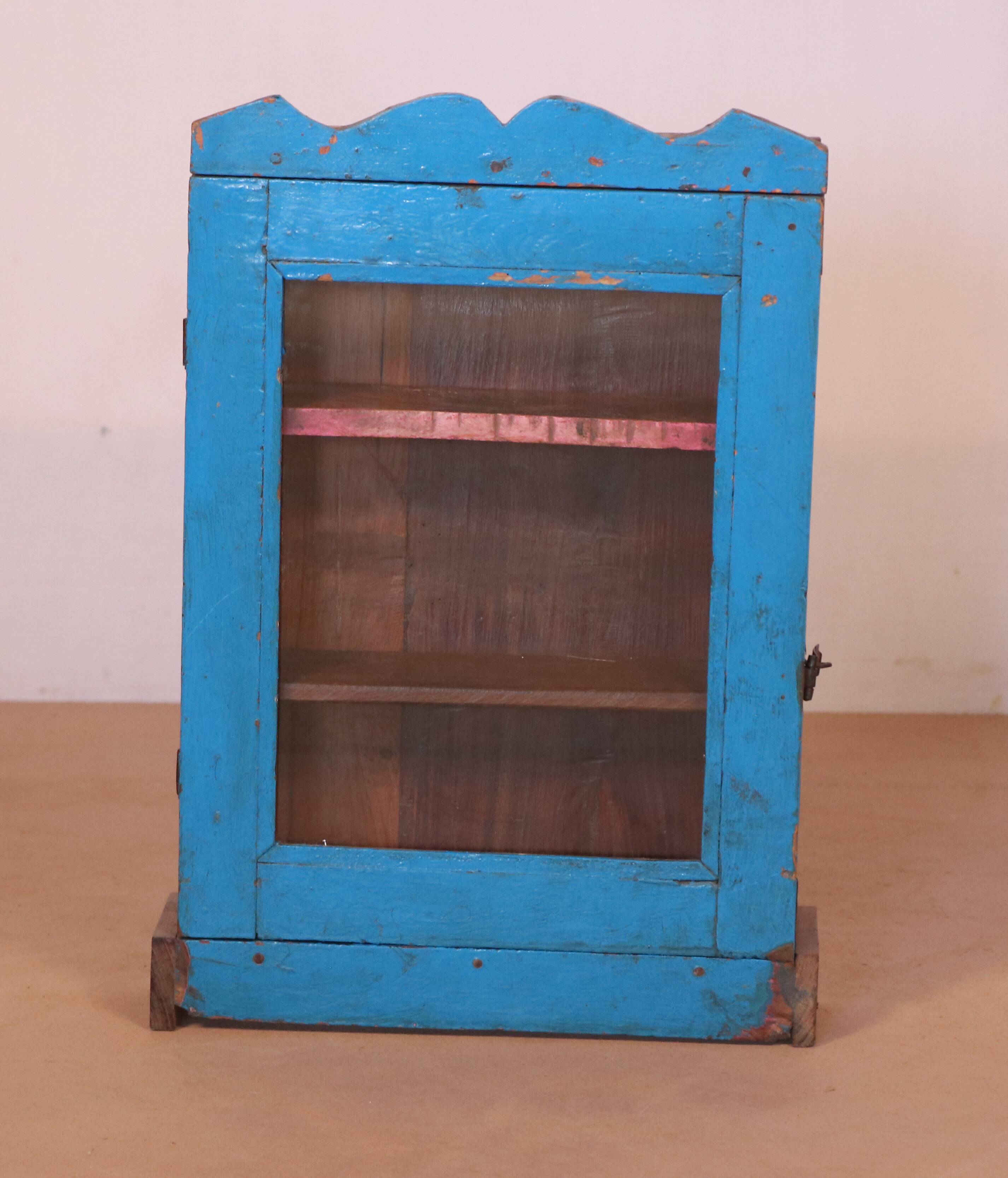 Old art deco wall display case in original blue teak burmese patina