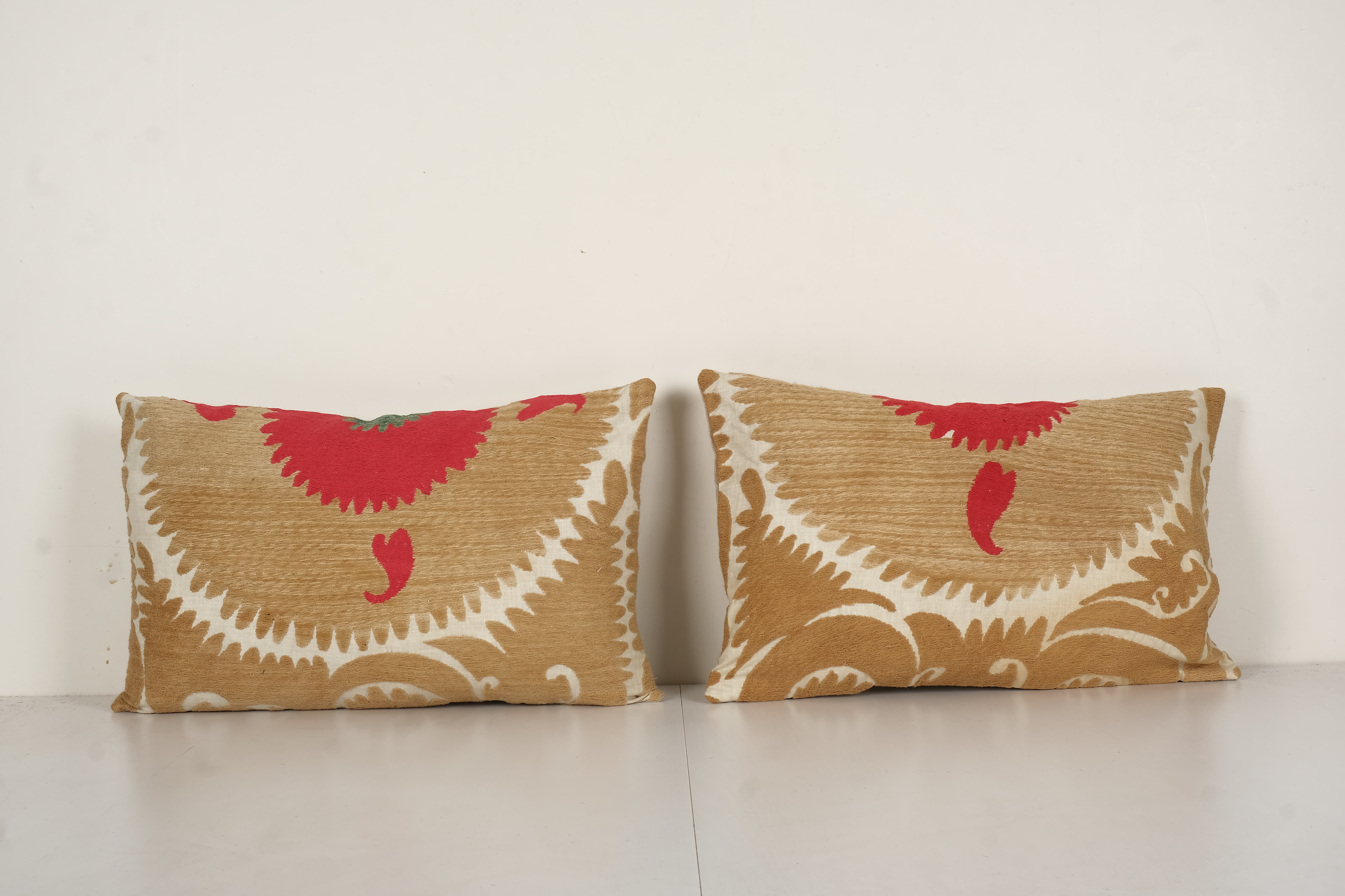 Set suzani body pillow made from a vintage uzbek suzani, tanethnic lumbar pillow cover, pair muted