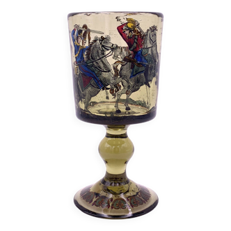 LOBMEYR - Enameled crystal goblet glass cavalry scene late 19th century