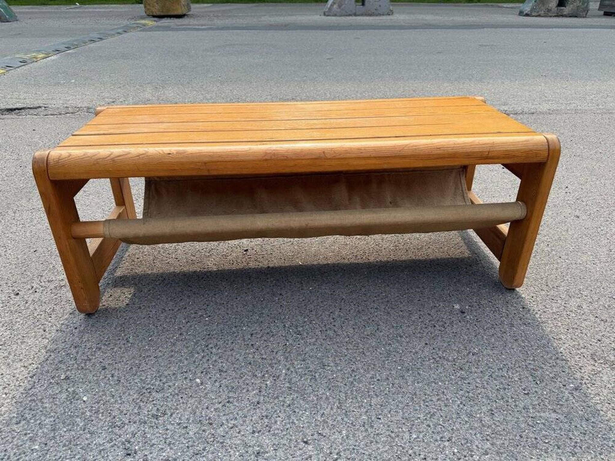 Scandinavian pine bench with canvas storage, 1970s