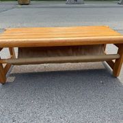 Scandinavian pine bench with canvas storage, 1970s