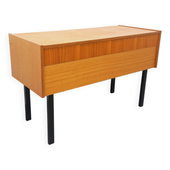 Vintage teak and black metal storage unit / chest on legs from the 70s