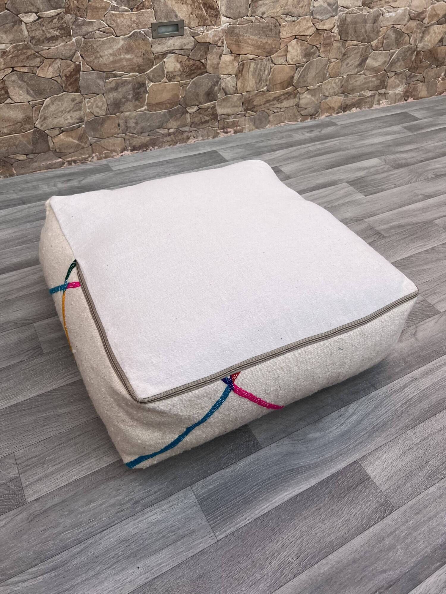 Azilal Kilim Moroccan Berber Pouf - 100% Wool and Cotton - Handwoven Floor Cushion
