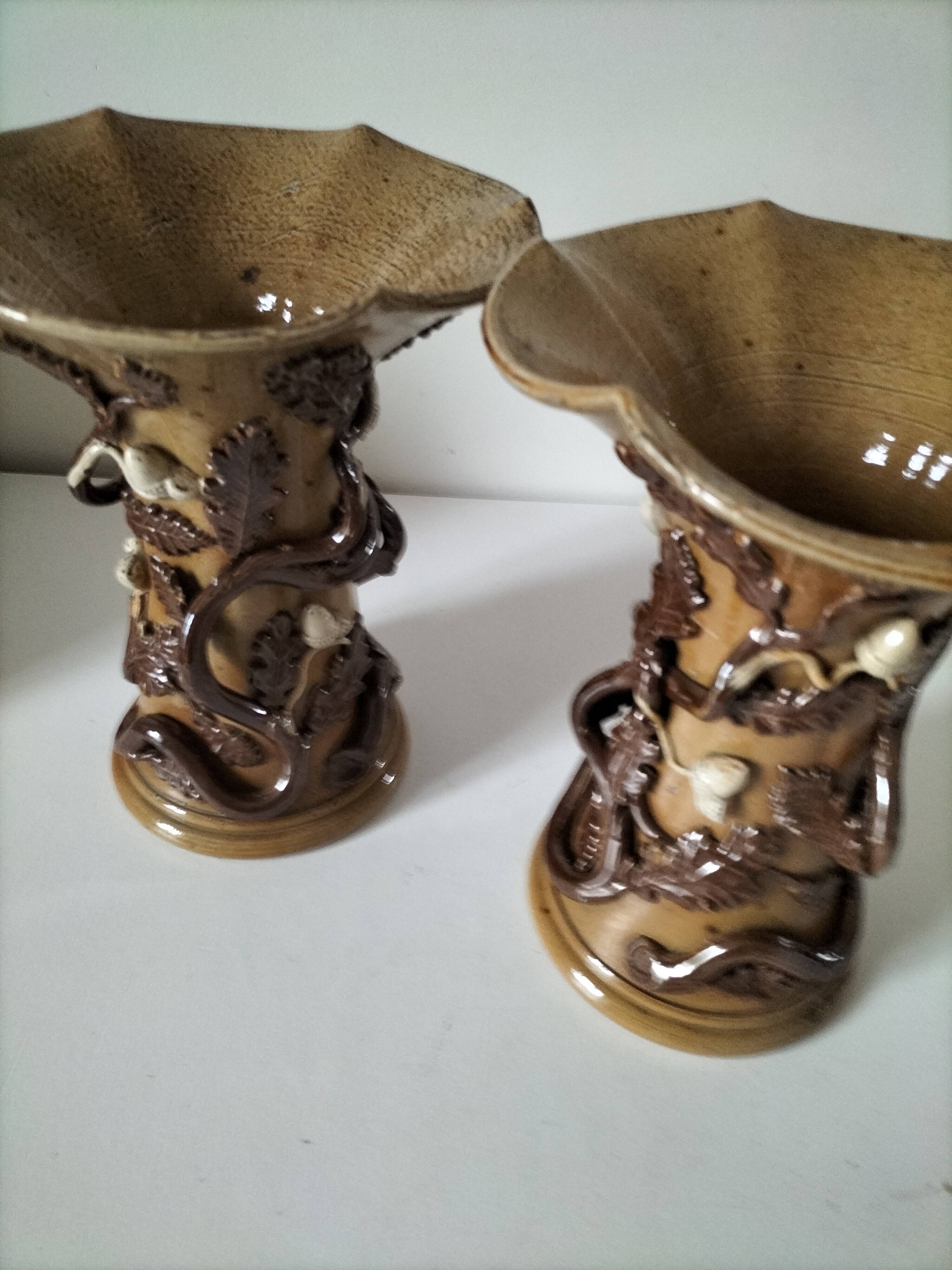 Duo of naturalistic stoneware vases – oak branches & acorns in relief