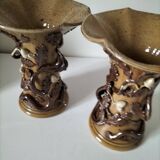 Duo of naturalistic stoneware vases – oak branches & acorns in relief