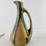 Ancient soliflore vase in sandstone beige and gray-green ewer shape signed Denbac