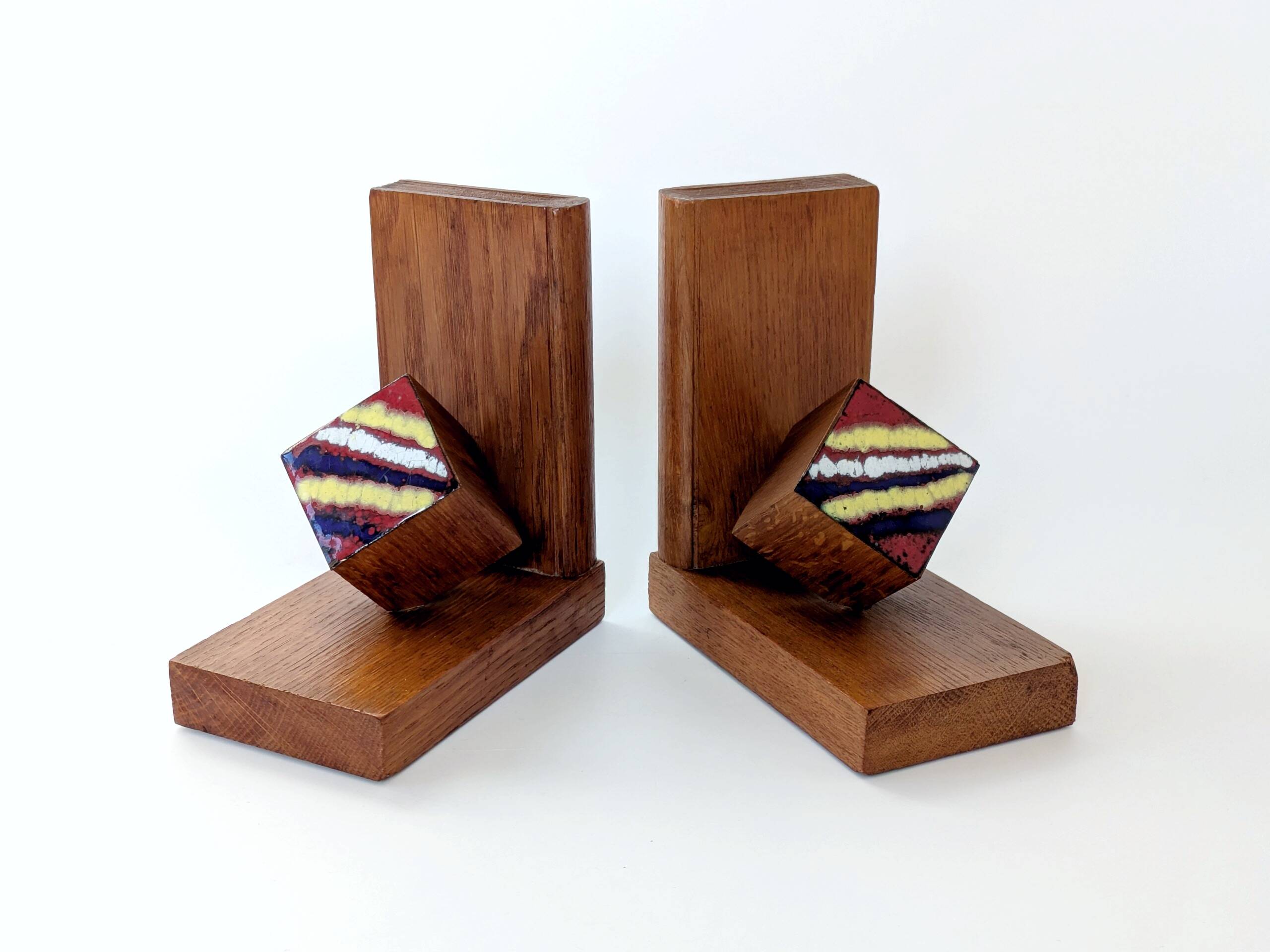 Mid-Century pair of wooden and enamel bookends, 1960s