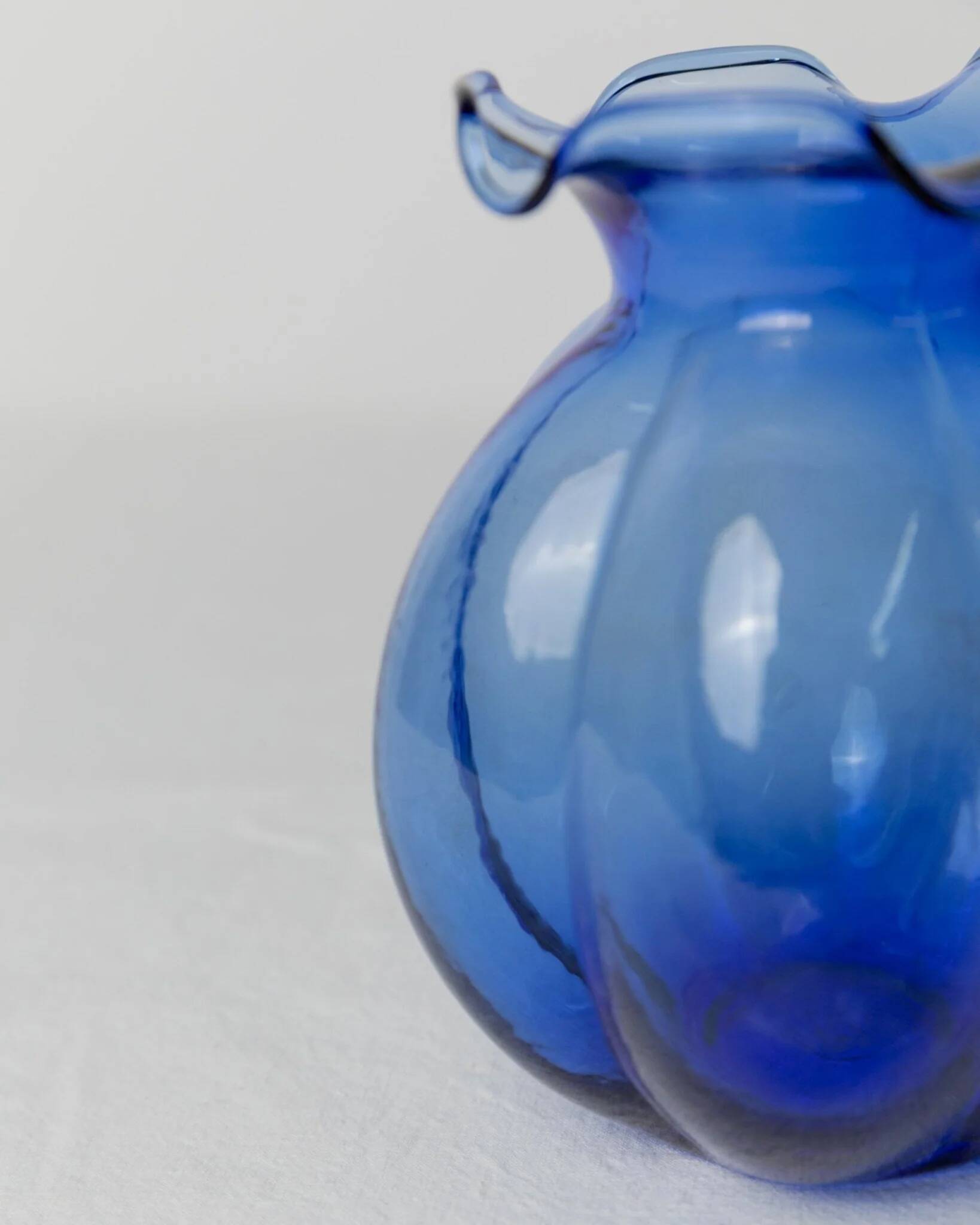 Cobalt Blue Hazel Atlas Glass Vase, 1930s Bulbous Form with Ruffled Lip and Embossed Underside
