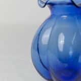 Cobalt Blue Hazel Atlas Glass Vase, 1930s Bulbous Form with Ruffled Lip and Embossed Underside