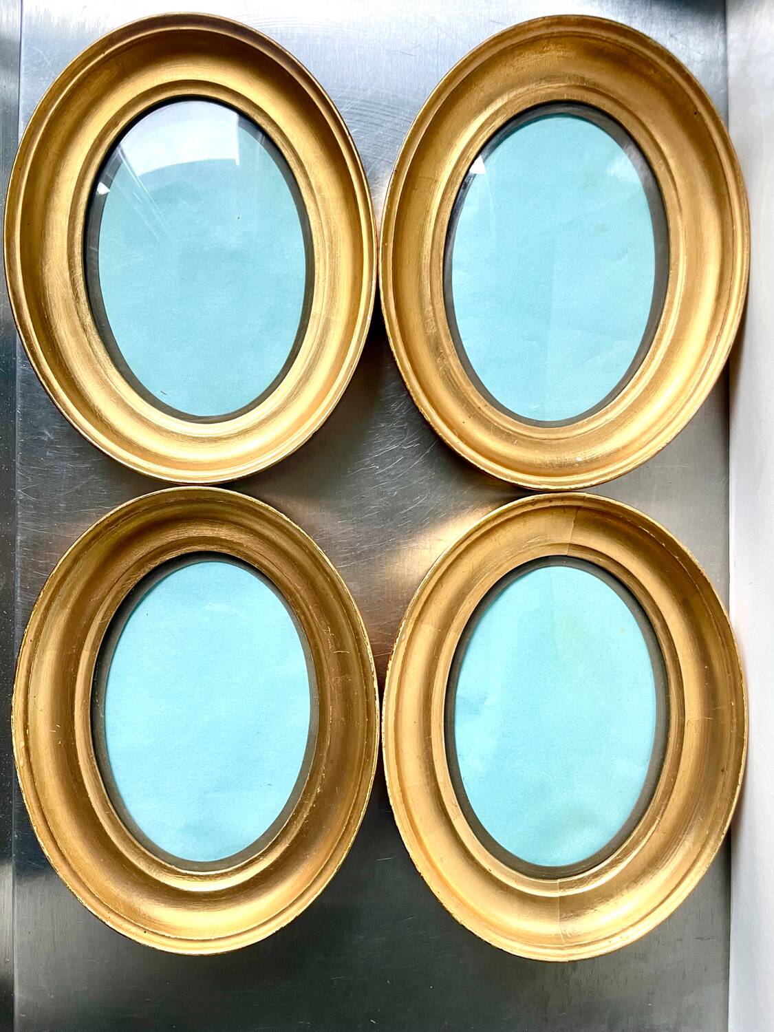 Lot of 4 Antique Oval Gilded Frames  CONVEX glass , each frame 19.5 cm x 15.5 cm