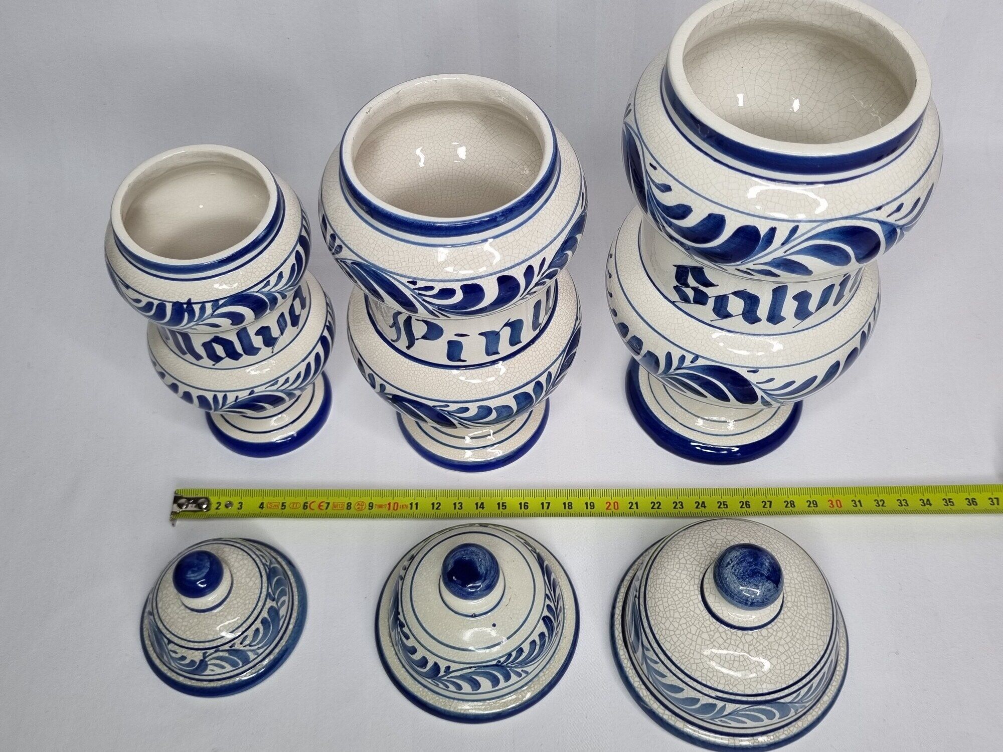 Set of three covered apothecary pots, Malva, Pinus, Salvia in glazed ceramic