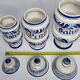 Set of three covered apothecary pots, Malva, Pinus, Salvia in glazed ceramic