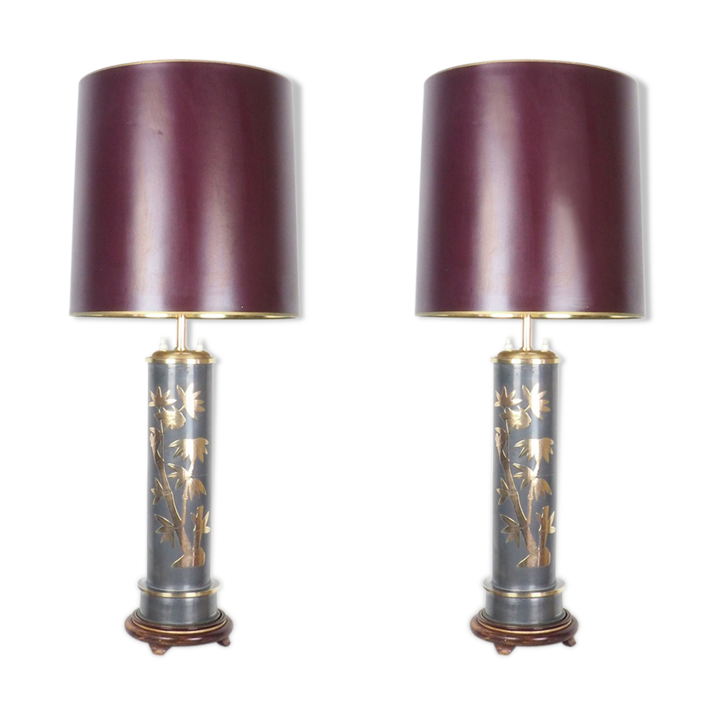 Set of 2 Chinese vintage table lamps with bamboo decor