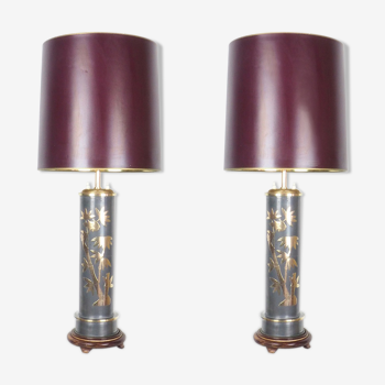 Set of 2 Chinese vintage table lamps with bamboo decor