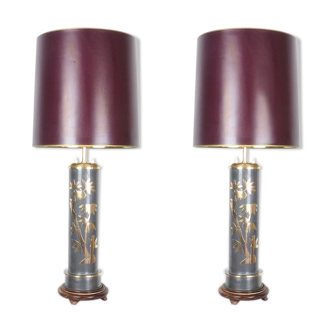 Set of 2 Chinese vintage table lamps with bamboo decor