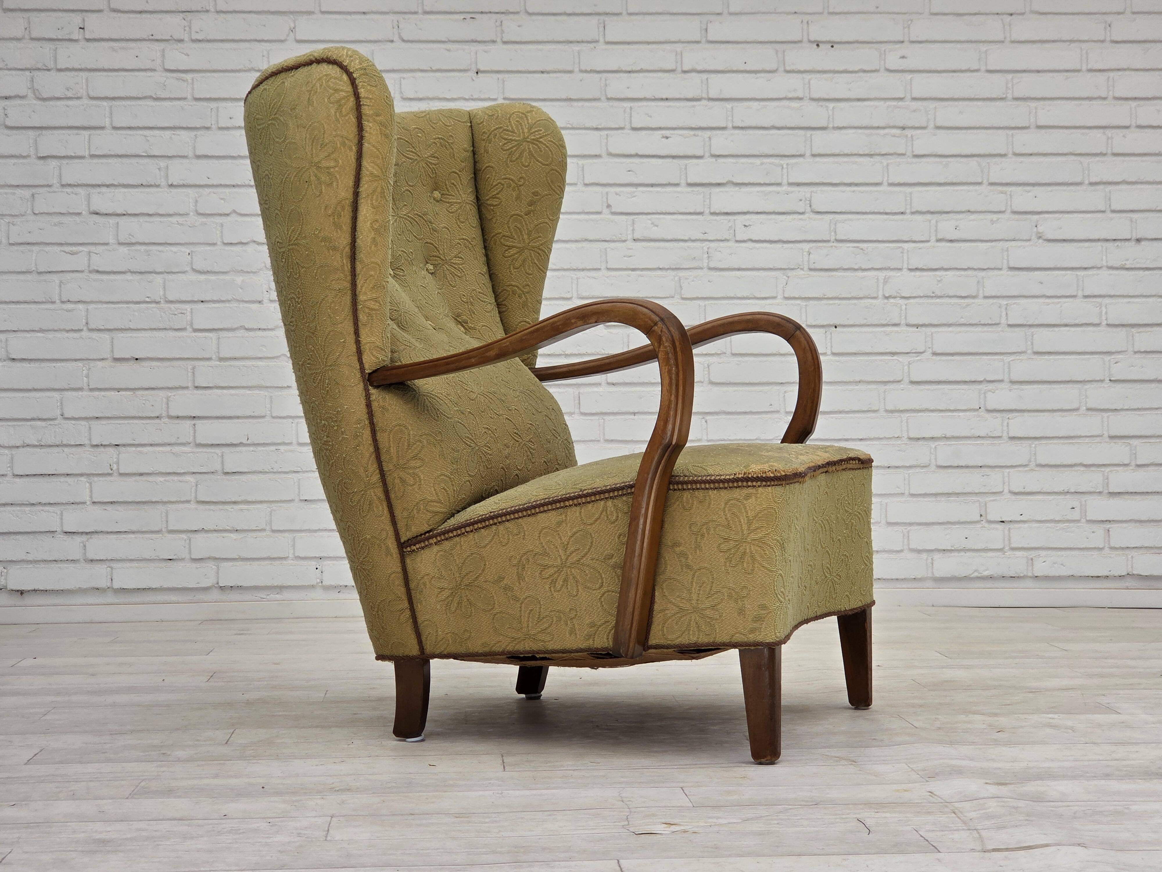 1960s, Danish armchair, light green furniture velour, beech wood.