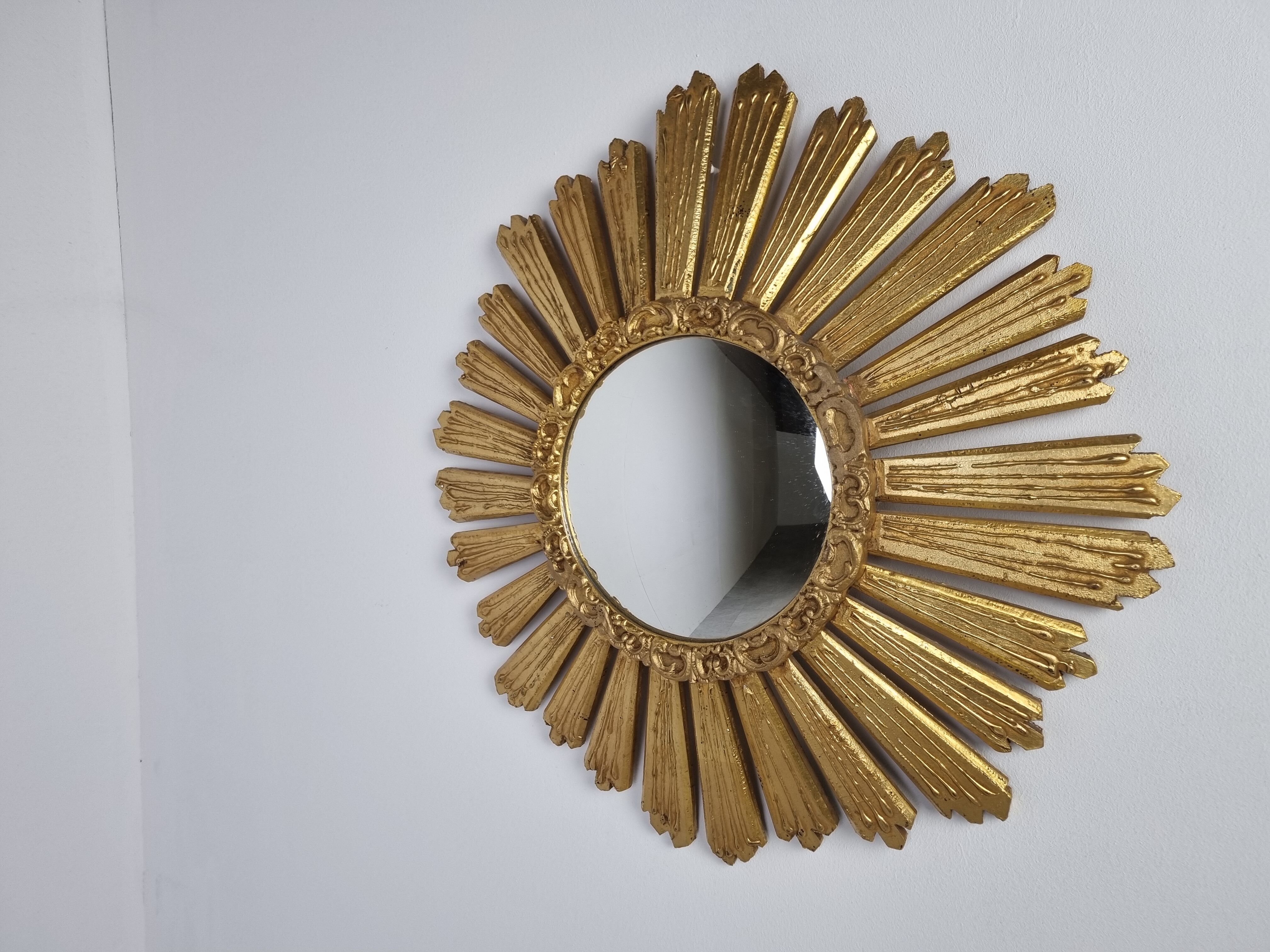 Large vintage golden sunburst mirror 1960s 63cm
