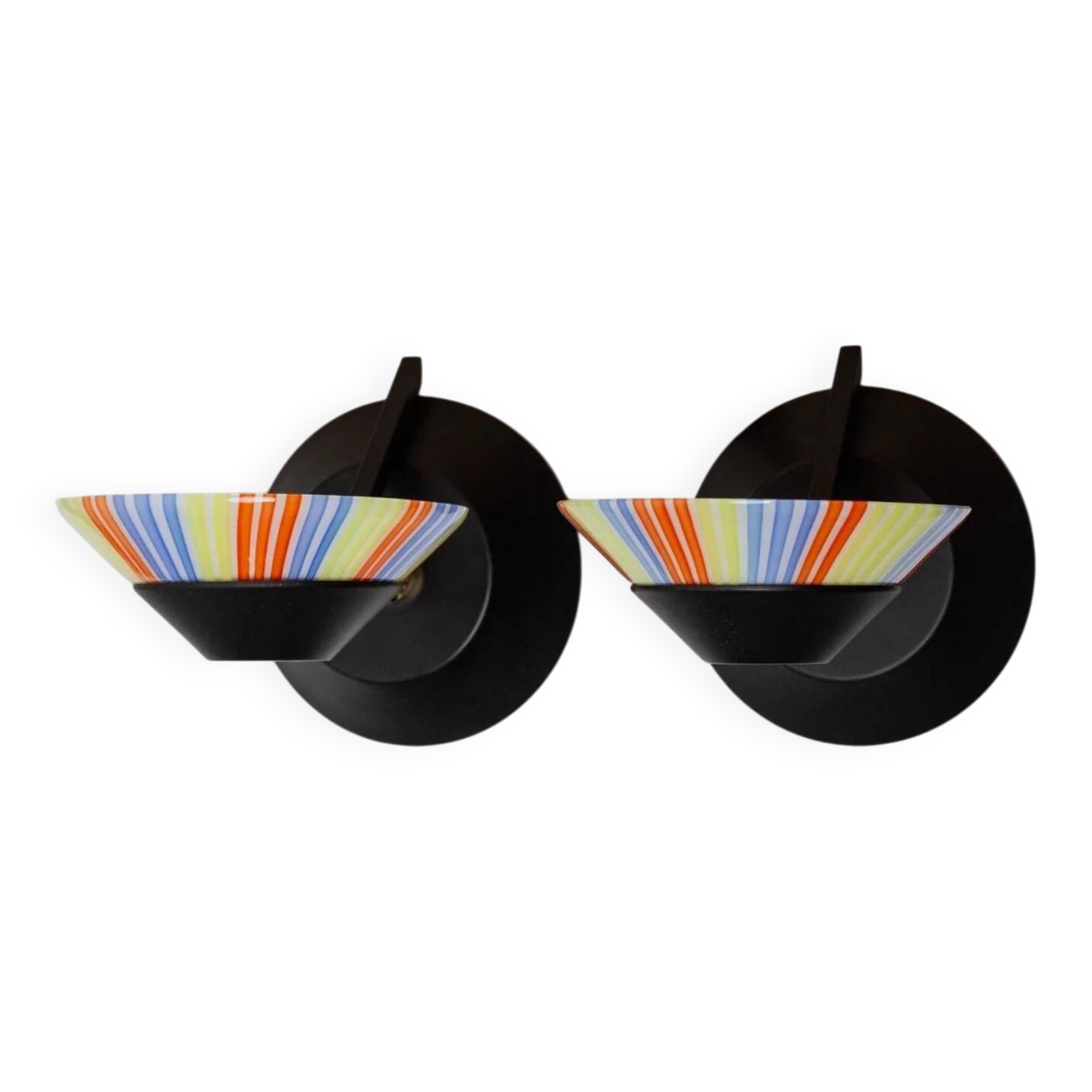 Set of 2 Vintage Murano Glass Wall Lamps with Multicolor Striped Shades and Matte Black Holders