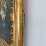 Tableau Ancien Fleur Cadre Doré XIX Huile Toile