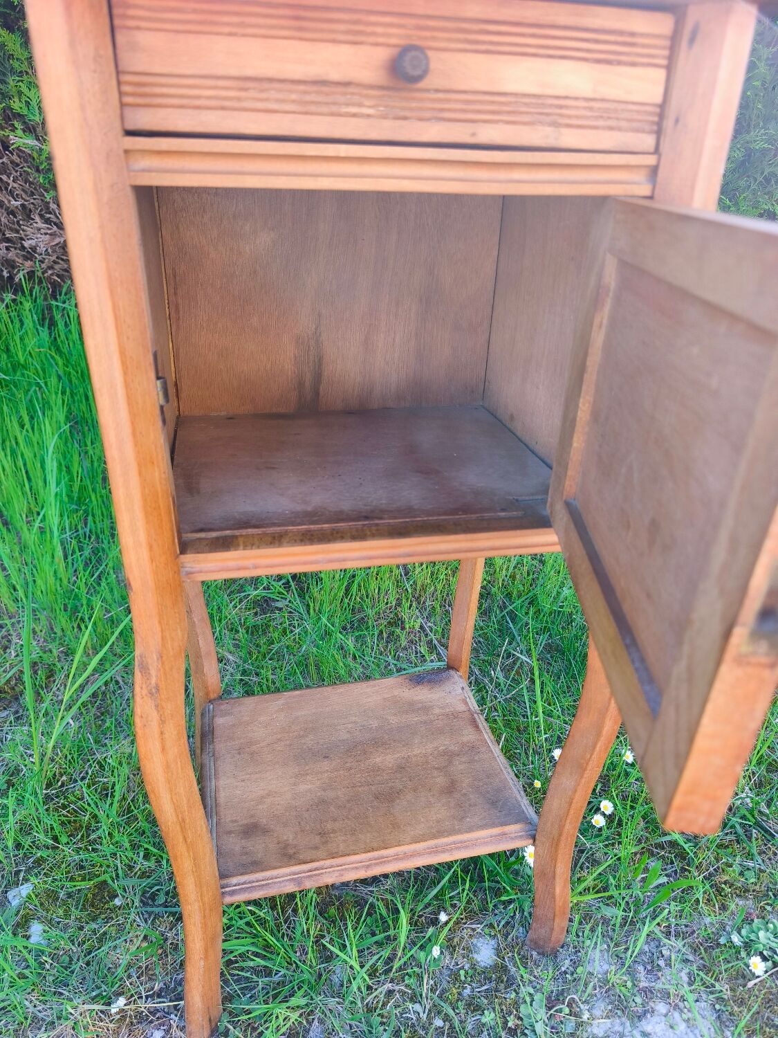 Louis XV style bedside table in wood veneer and marble