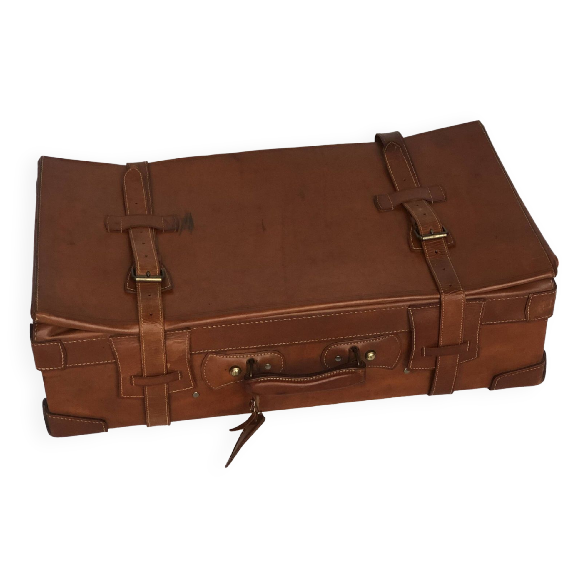 Vintage suitcase 1960 havana gold leather with bellows