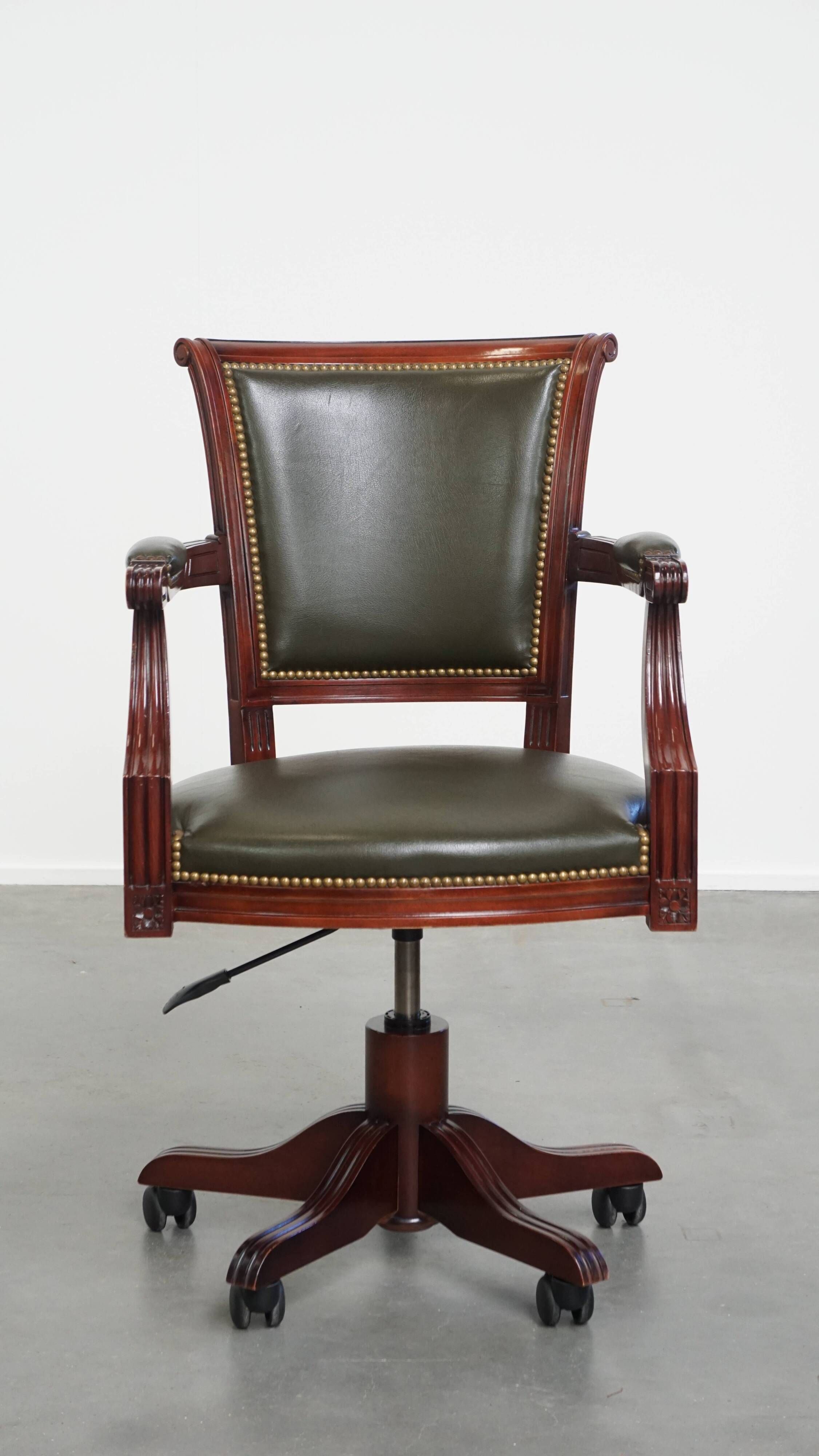 Green Cowhide Leather and Wooden Office Chair in English Style on Casters