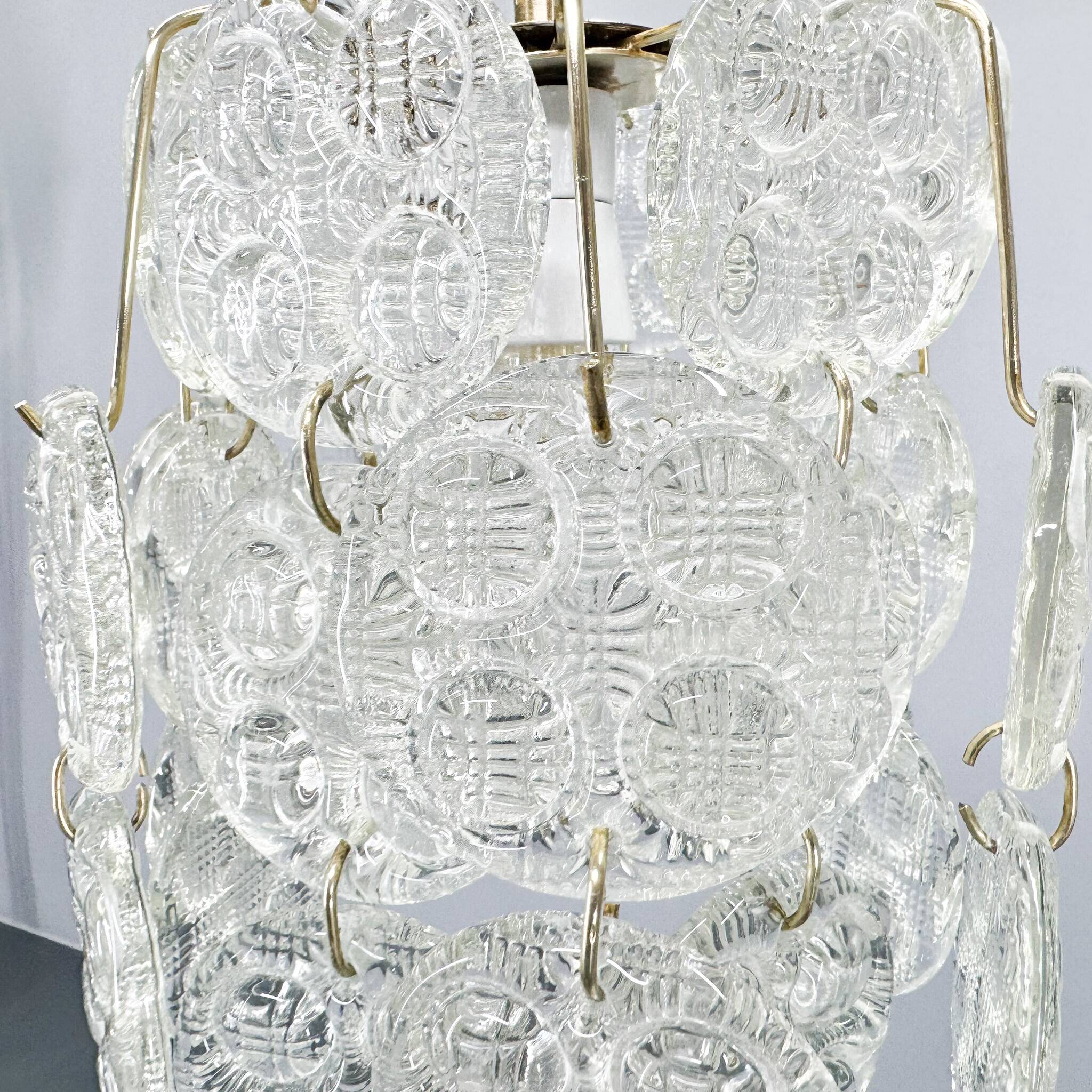 1970s Brass & Pressed Glass Chandelier, Czechoslovakia