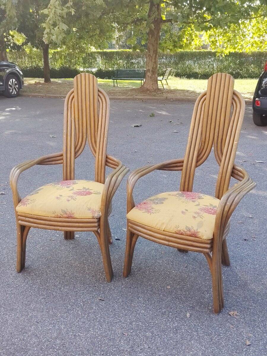 Pair of 1970s Italian design armchairs, made of bent bamboo.