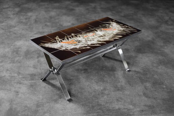 Modernist coffee table in ceramic and metal, 1970.