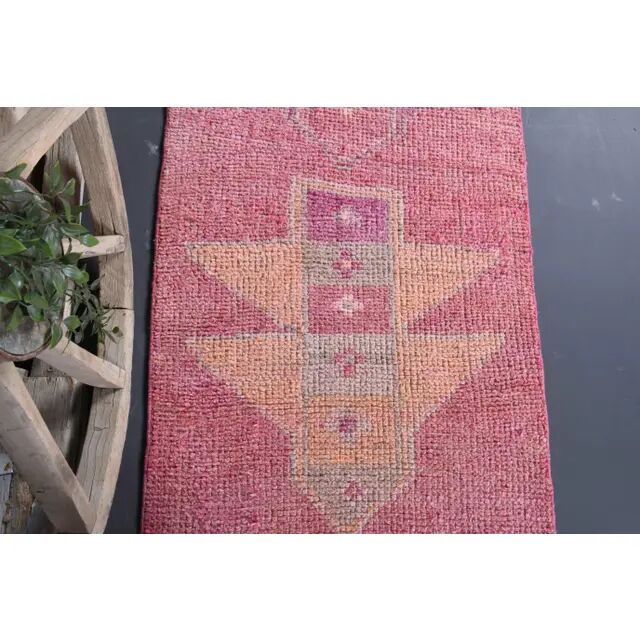Tapis coureur vintage en laine et coton turc noué à la main rose 87x328