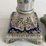 Candlesticks, square base, 19th century, Fourmaintraux, Desvres, flower decoration, scrolls, lambrequins, trellis