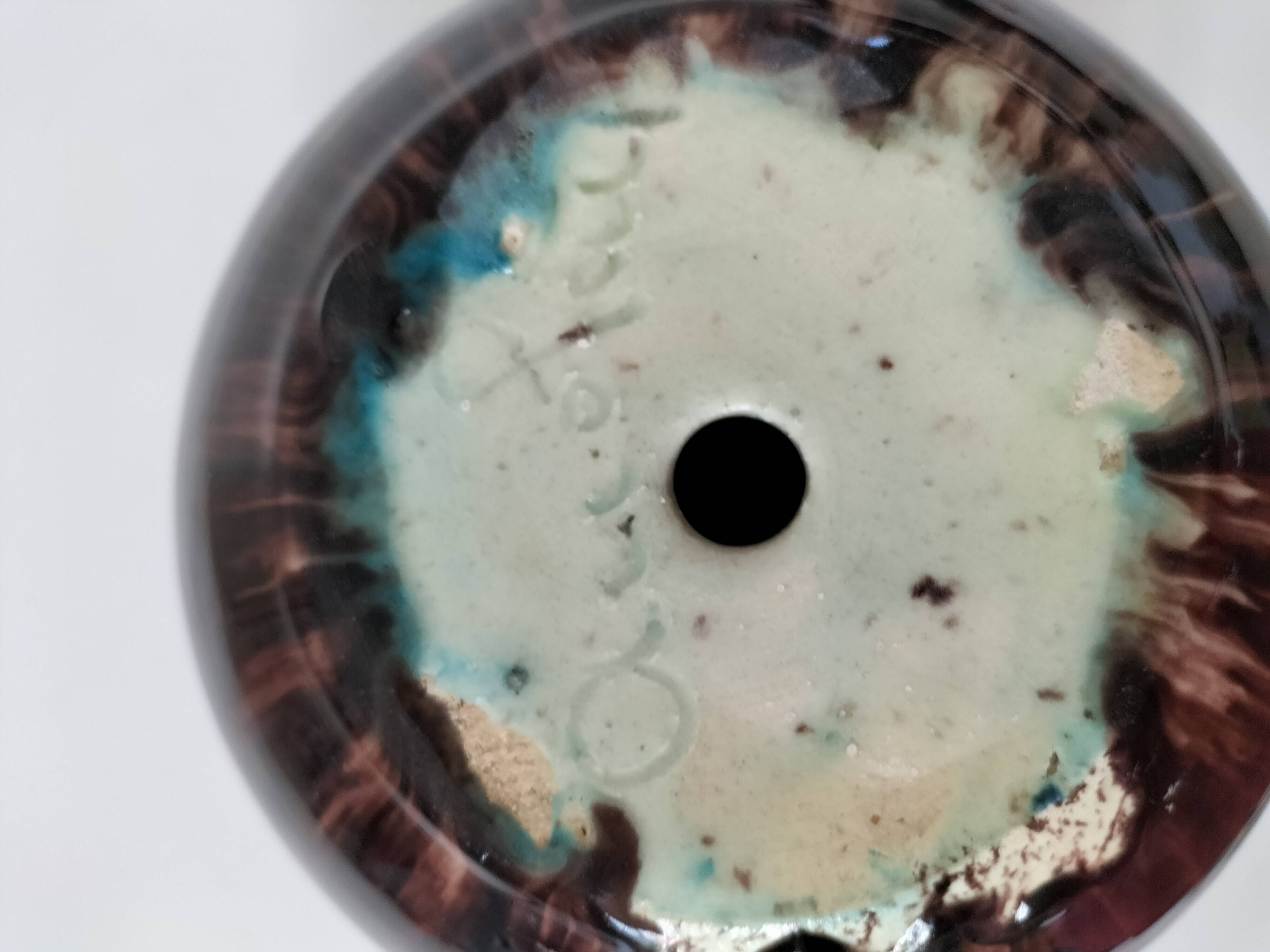 Accolay cache-pot in blue petrol and deep black glazed stoneware.