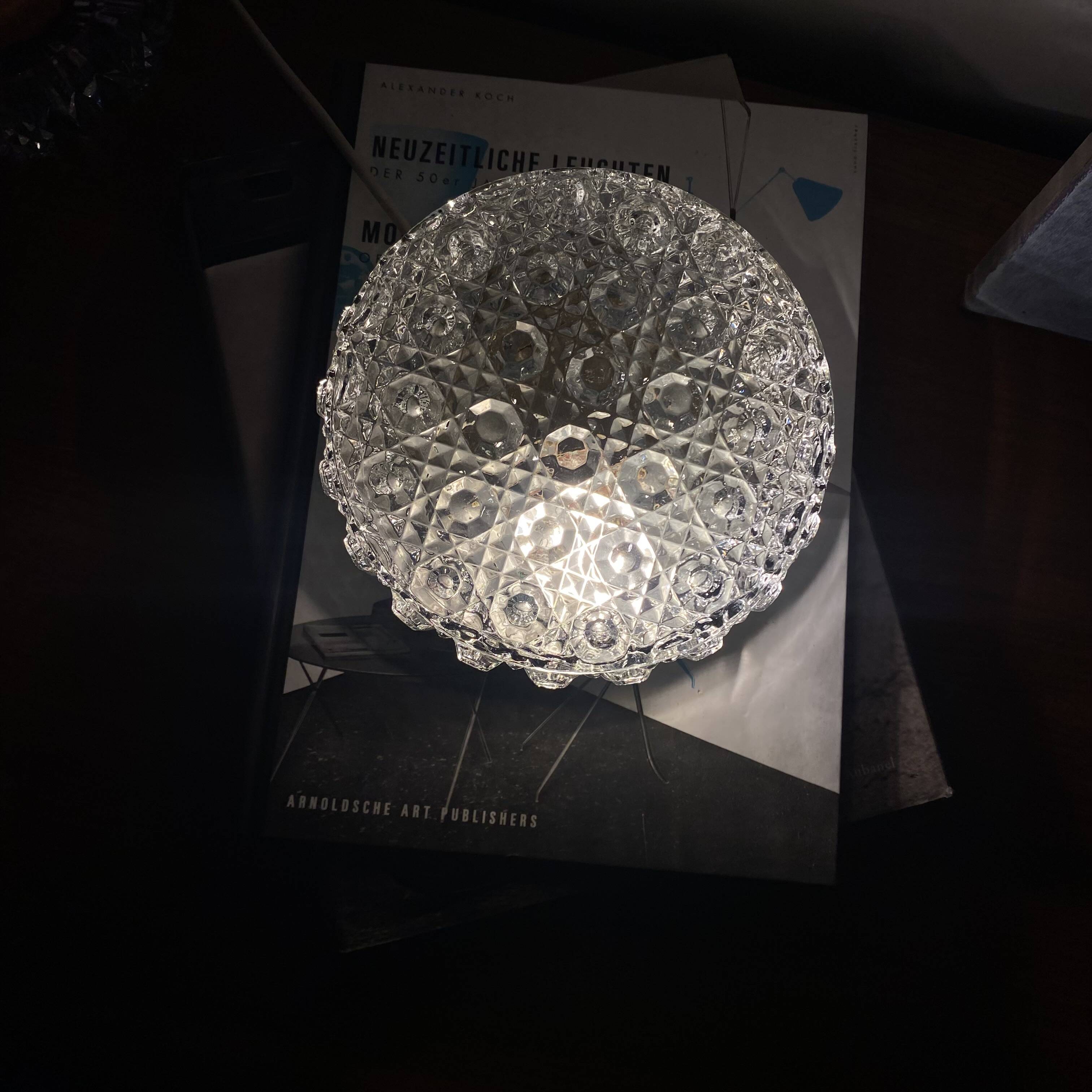 Small round wall light ceiling fixture in glass vintage diamond point.