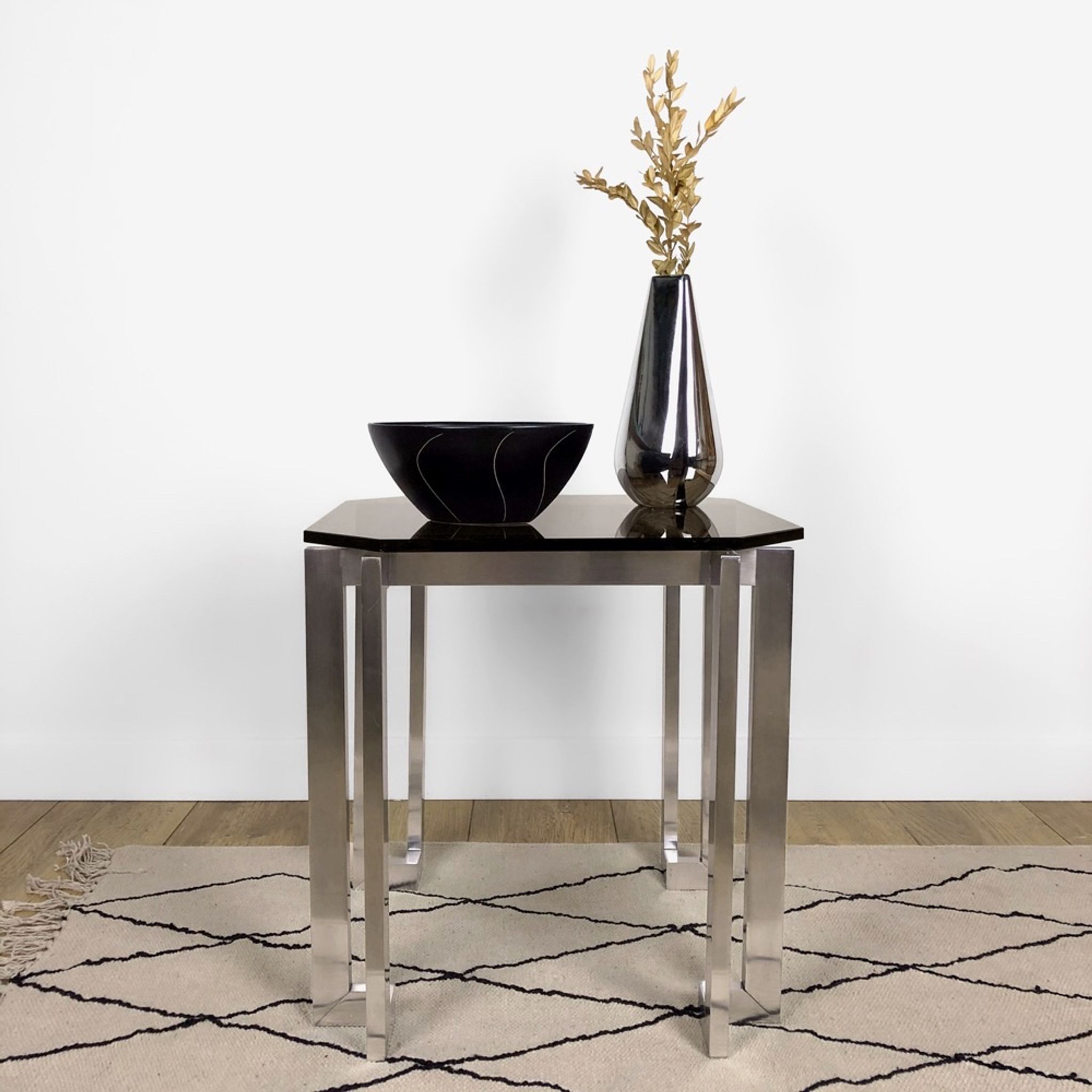 Brushed stainless steel design side table and 70s smoked glass