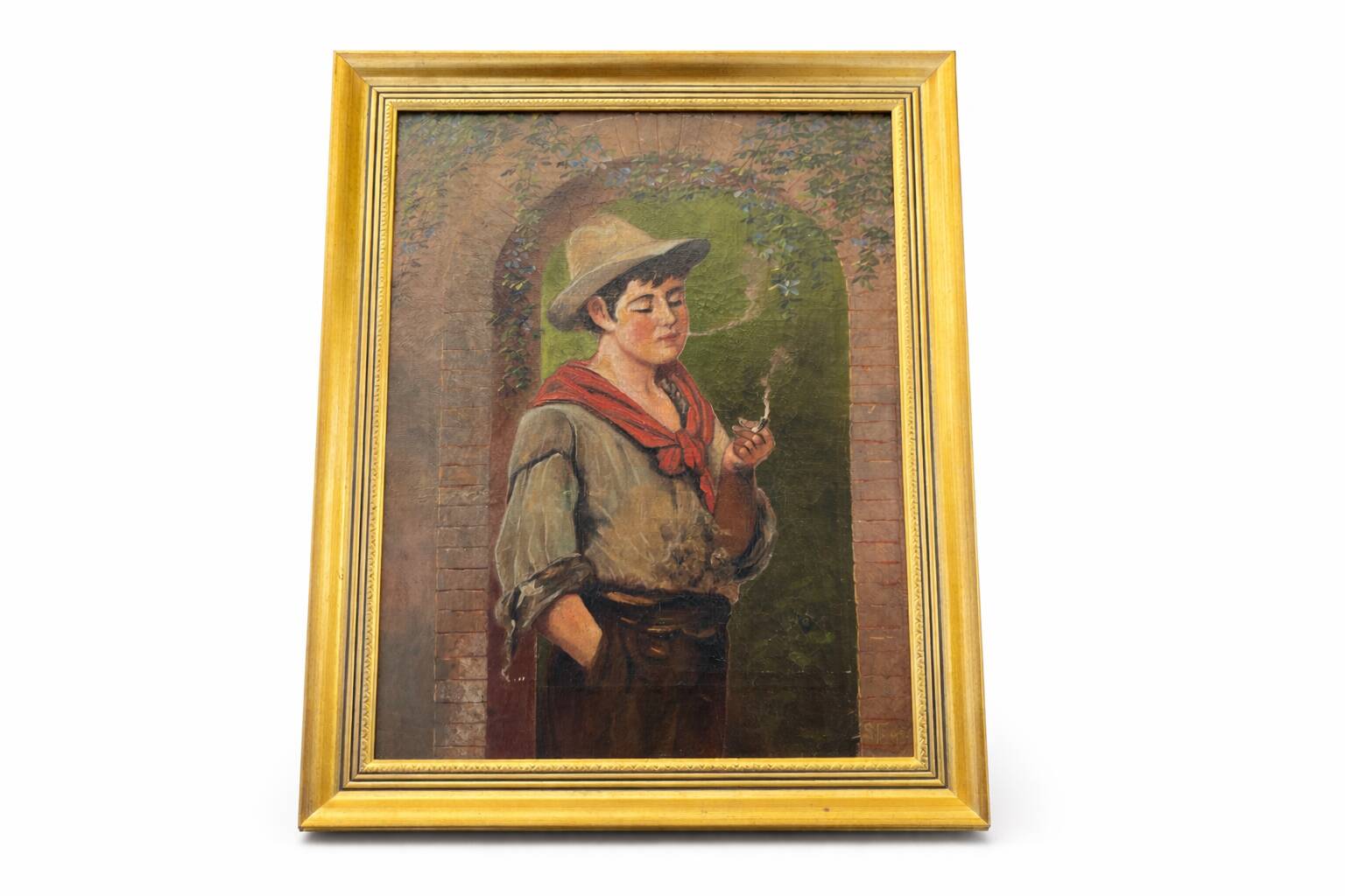 Tableau ancien - Huile sur toile "Le jeune fumeur" - Signé - Cadre doré XIX