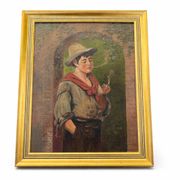 Antique painting - Oil on canvas "The Young Smoker" - Signed - Gilded frame 19th century