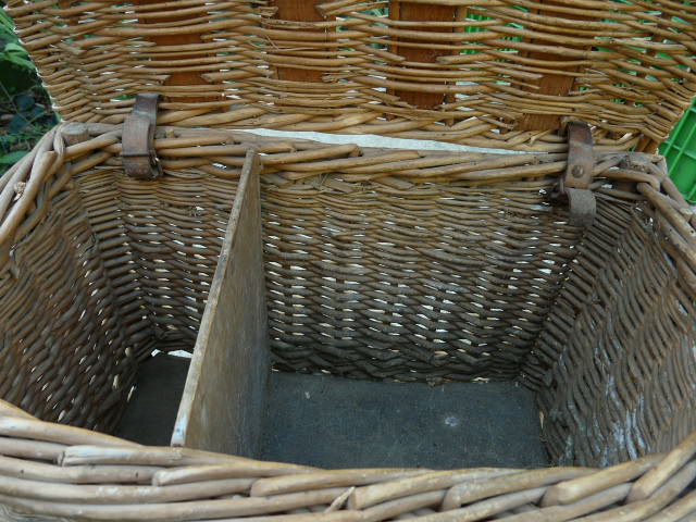 Old fishing basket rattan wood and leather