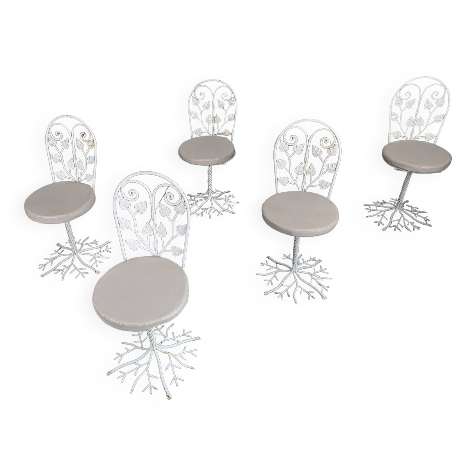 Sculptural Wrought Iron Garden Chairs with Tree Design 1950s Set of 5