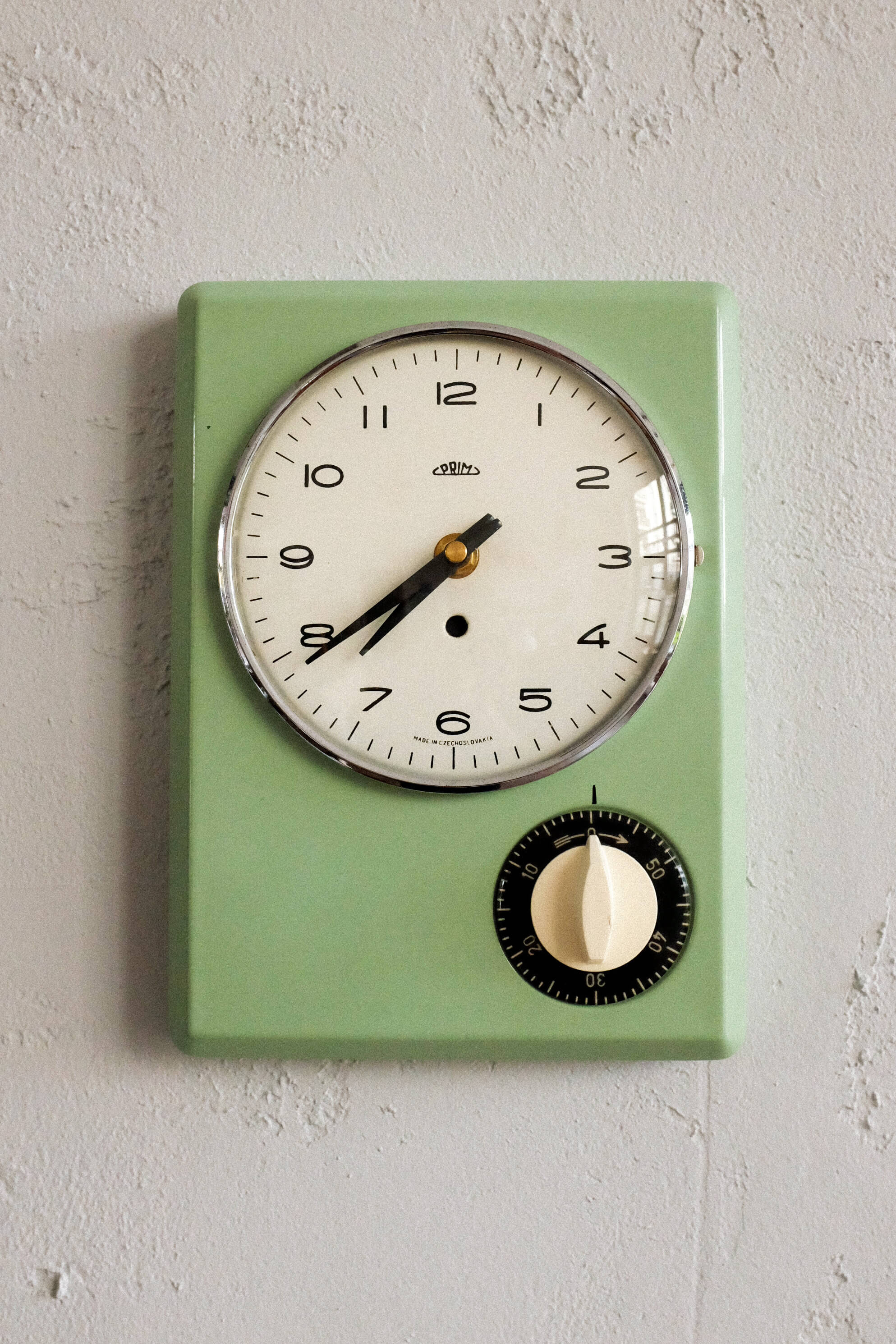 Vintage czechoslovak prim kitchen wall clock with timer, 1960s
