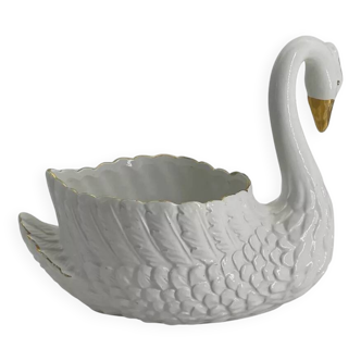 Cache pot cygne vintage en céramique blanche et dorée