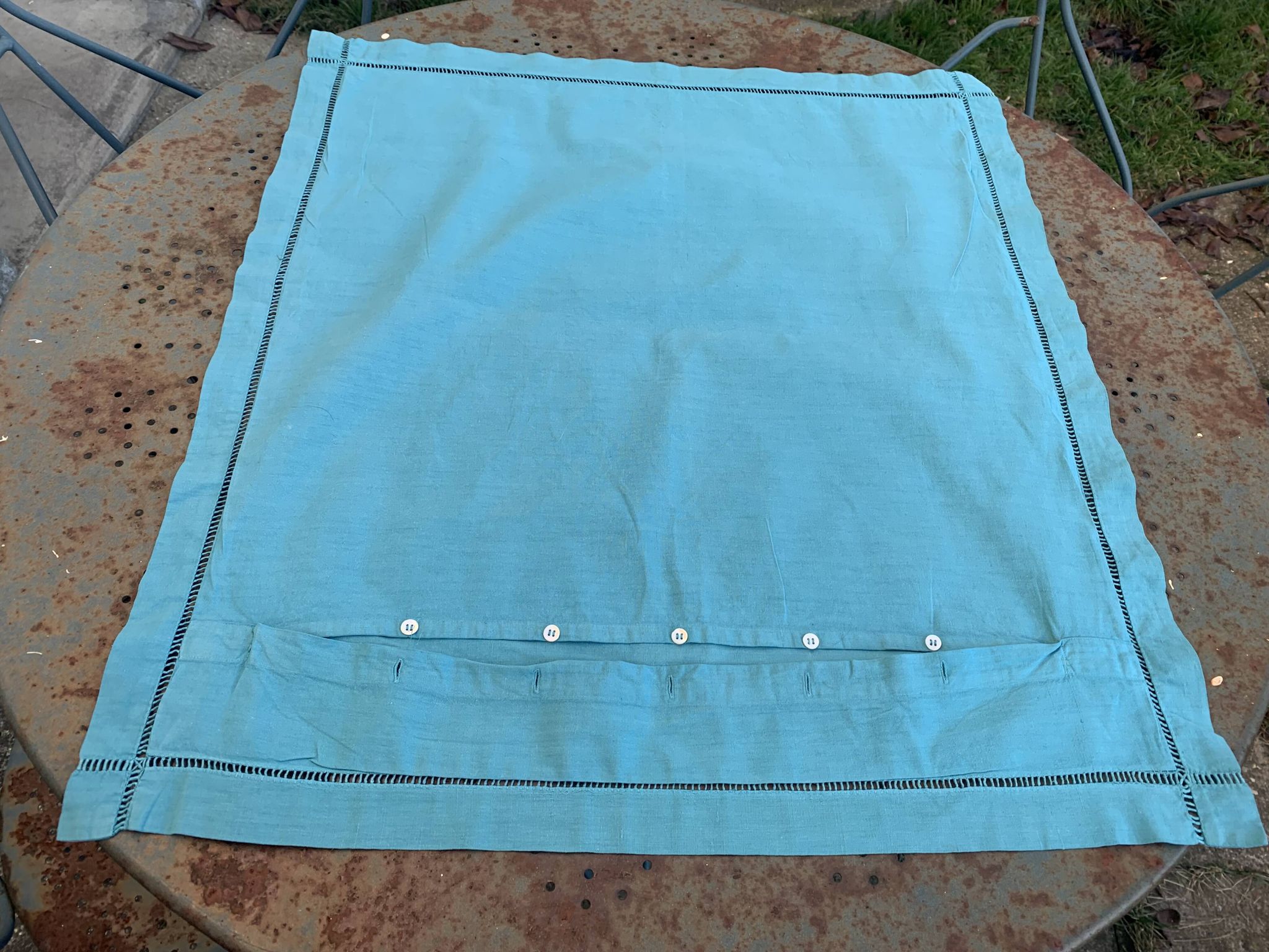 Large pillowcase, cotton linen, emerald blue tinted, border with openings, old