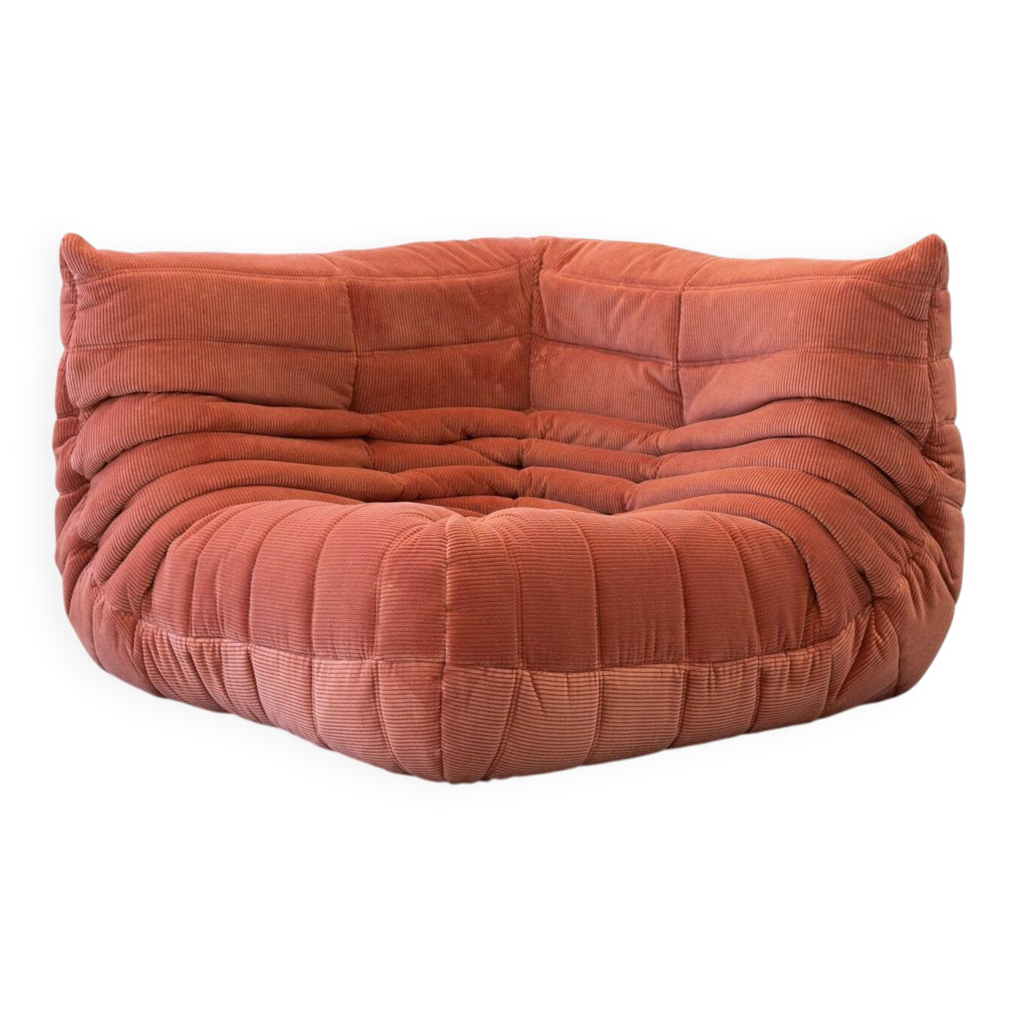 Coral corduroy Togo corner chair by Michel Ducaroy for Ligne Roset