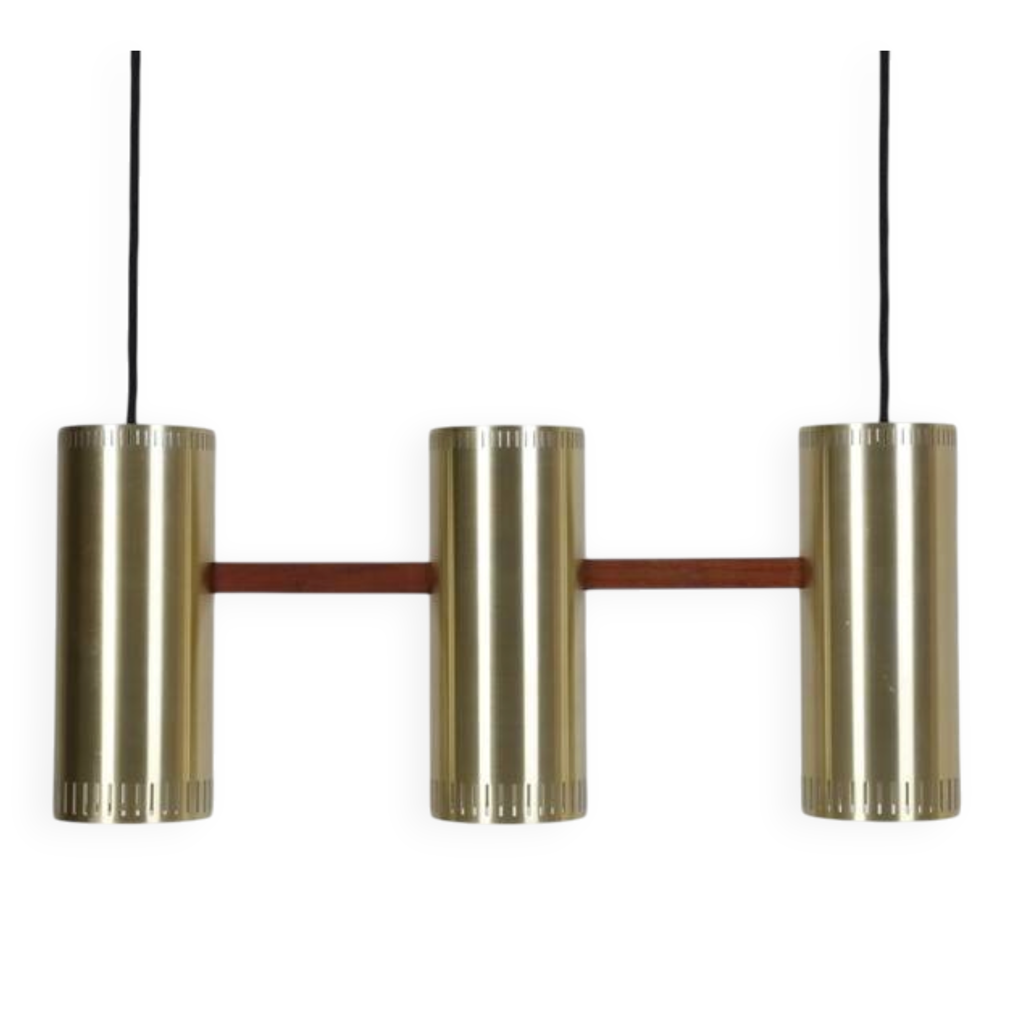 Rare lampe suspendue "Cylinder III" par Jo Hammerborg pour Fog & Mørup / années 1960 / design danois moderne du milieu du siècle / Teck / Laiton