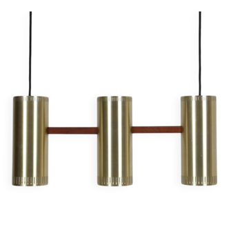 Rare lampe suspendue "Cylinder III" par Jo Hammerborg pour Fog & Mørup / années 1960 / design danois moderne du milieu du siècle / Teck / Laiton