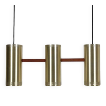Rare lampe suspendue "Cylinder III" par Jo Hammerborg pour Fog & Mørup / années 1960 / design danois moderne du milieu du siècle / Teck / Laiton